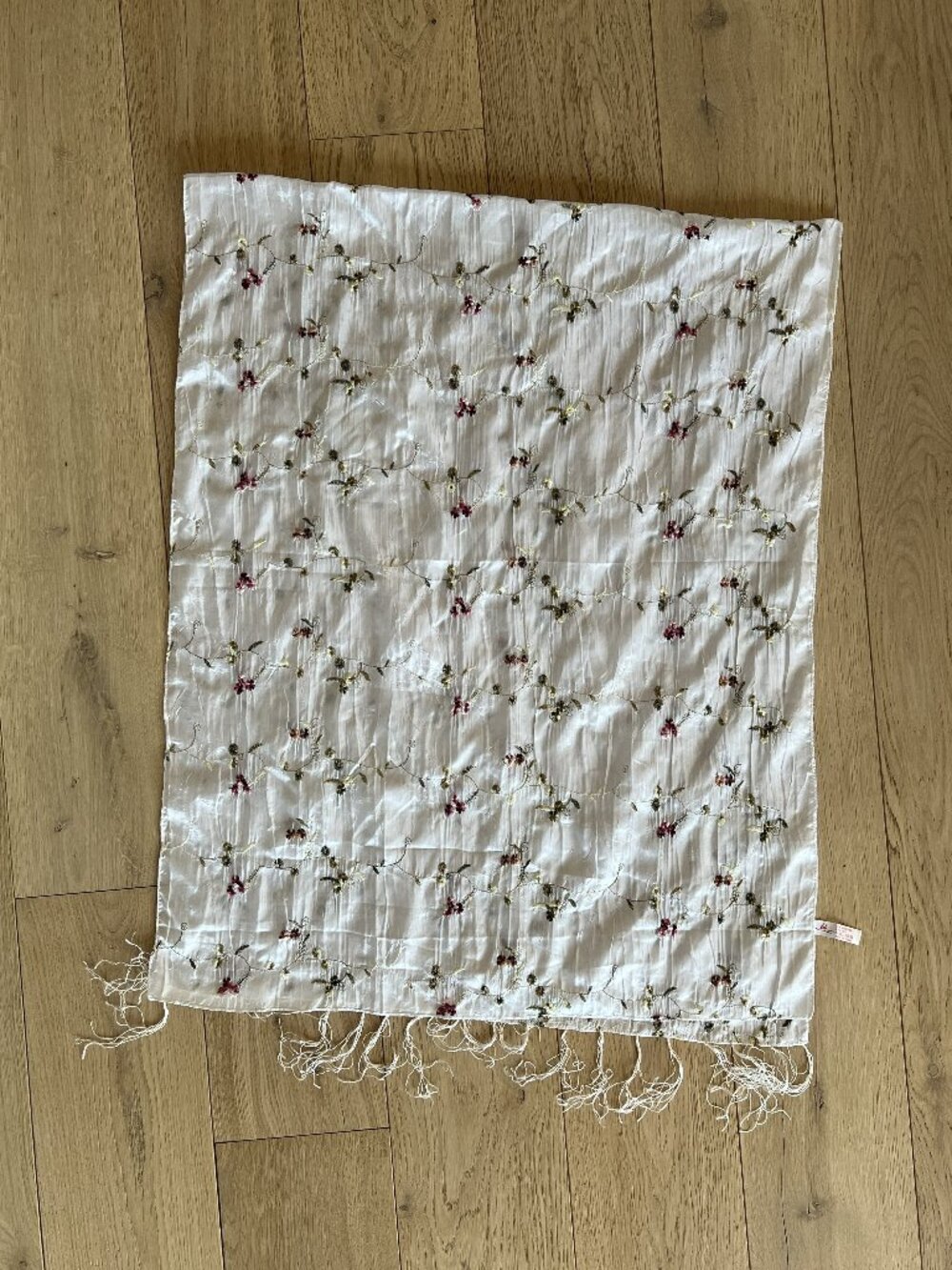Hanmei Silk Scarf Ivory with Embroidered Flower Design Tassle Edge